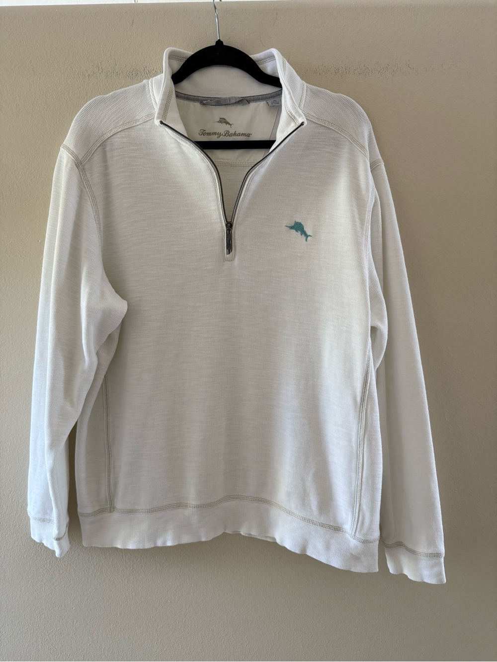 Tommy Bahama Men’s Cream Quarter-Zip Pullover Cotton Knit with Teal Logo